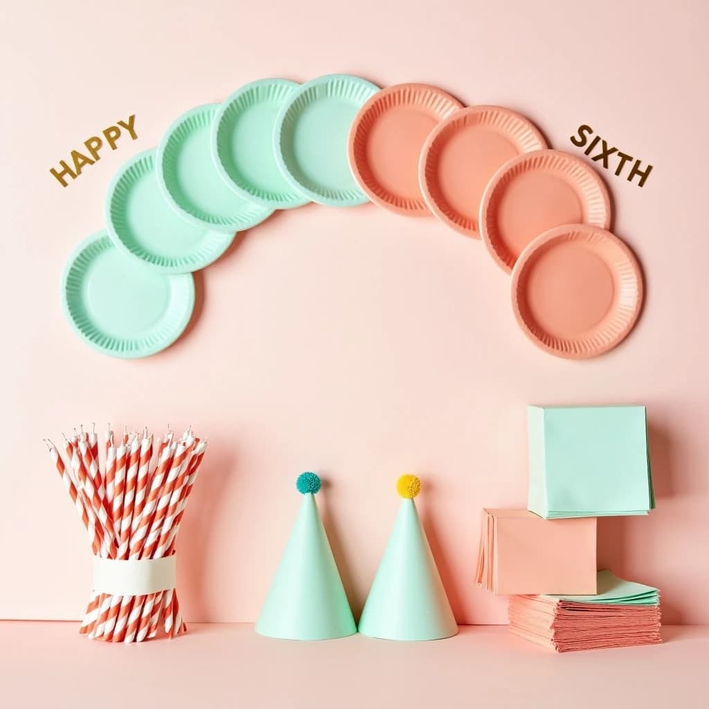 Flat lay photograph on pale pink paper, lit softly from above.
Eight paper plates fanned in an arc across the top of the frame, alternating mint and coral, four of each, mint first from the left.
Below the arc, twelve striped candles bundled under a paper band, laid diagonally.
Three cone party hats stacked at the lower left, only the middle hat trimmed with a pom pom.
At the lower right, six folded napkins in two piles of three, one pile mint and one coral.
A paper banner strung across the very top spells "HAPPY SIXTH" in gold letters, a few letters overlapping the plate arc.