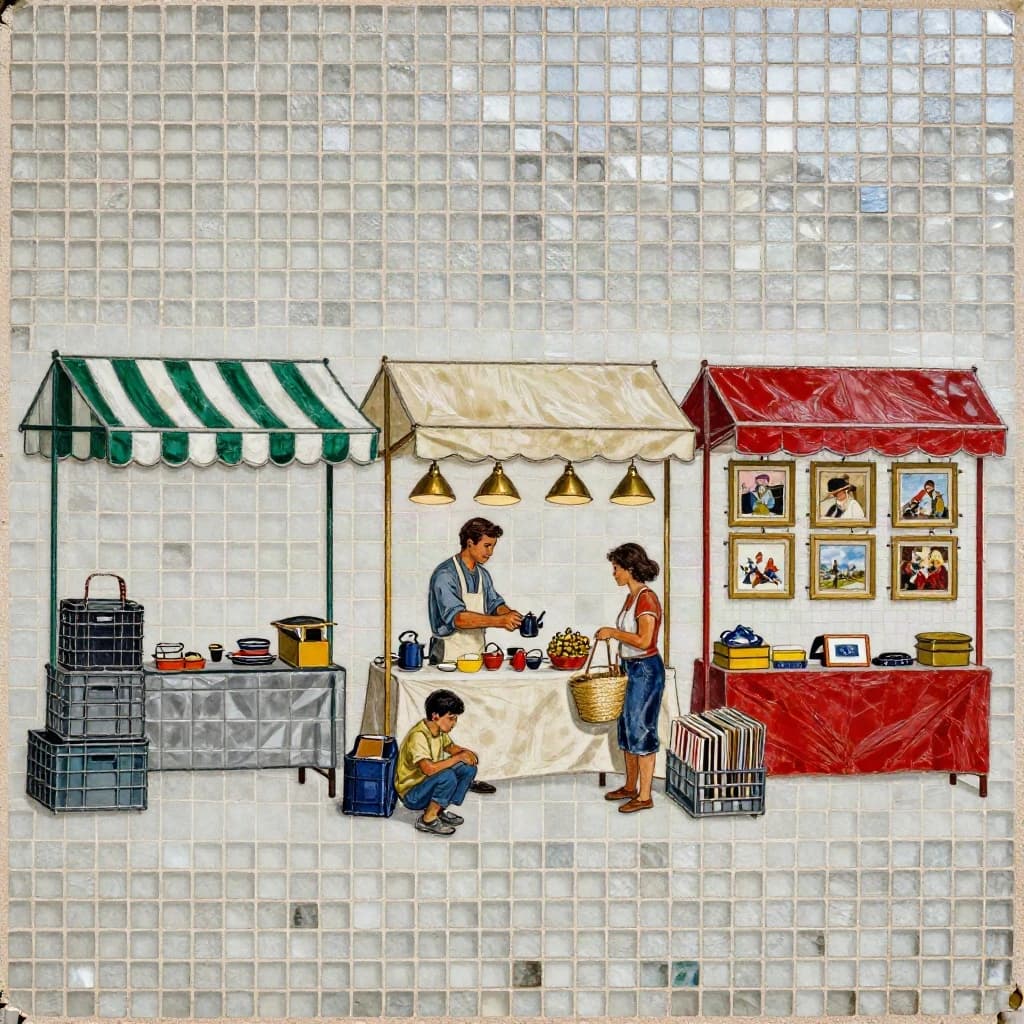 Glass tile mosaic of a Sunday flea market seen from a slightly raised angle, small square tesserae and warm terracotta grout. Three stall awnings in a row: the left one striped green and white over stacked vinyl crates, the middle plain canvas over six brass lamps with only the two tallest wearing shades, the right red awning hung with nine framed pictures in three rows of three. Under the middle awning a vendor in an apron hands a teapot across the table to a woman holding a straw basket, while a boy crouches at her feet by a crate of records. No lettering anywhere.