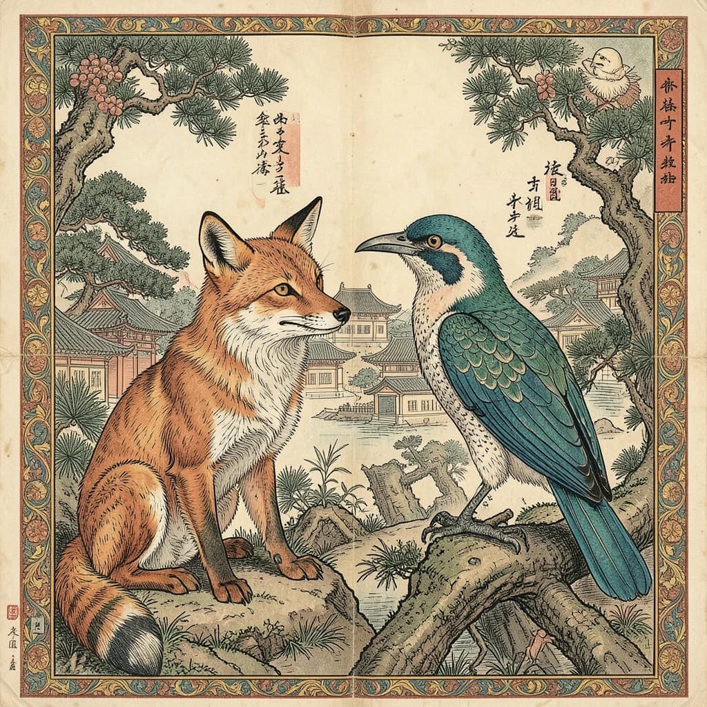 Fox and Turaco in Pyongyang, North Korea in the style of byzantine