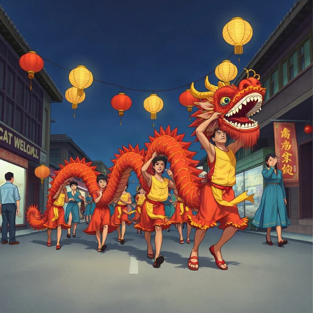 Video thumbnail in 90s anime style, hand painted cel look with visible grain: a red and gold dragon dance winding down a night market street toward the camera. Nine dancers hold the poles, the front three in yellow sashes and the back six in blue. The second dancer from the front has lost a shoe and is stumbling while the pearl bearer ahead of him spins his pole overhead. Five paper lanterns hang on a wire across the street, only the middle one unlit. Keep the sky in the upper left flat and dark for a title.