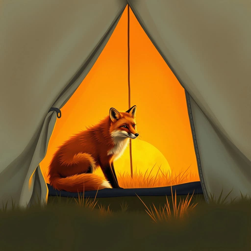 A red fox cast in a warm edge highlight inside a canvas tent, at golden hour, off-center framing with negative space, gouache style.