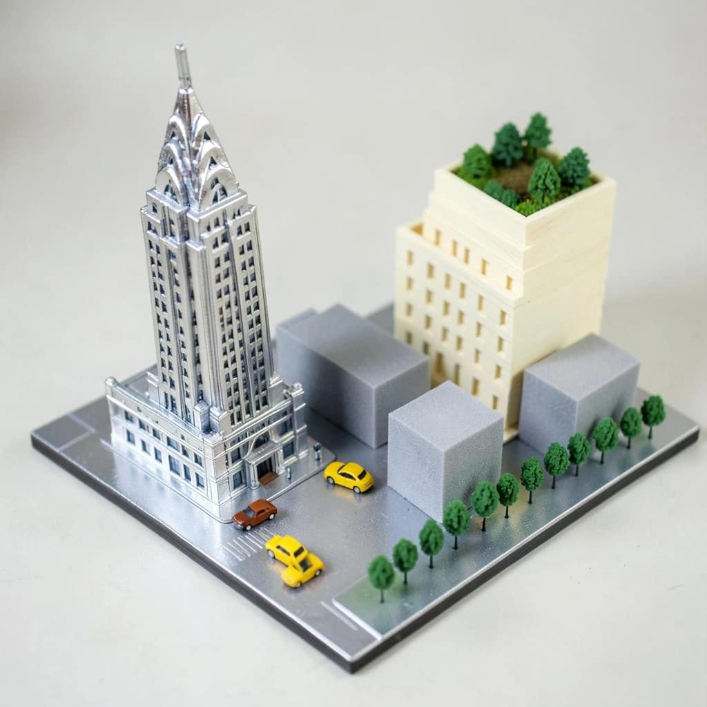 Tilt shift photograph of a hand built architectural scale model of a Midtown Manhattan block, studio lit from the upper left.
The Chrysler Building stands on the corner in polished silver card with its stepped crown and triangular windows. Directly across the street sits a proposed cream limestone tower, two floors shorter, topped by a stepped roof garden. Between them four smaller grey massing blocks in plain foam. Six tiny yellow cabs on the avenue, three stopped at the crossing and three queued behind, with a line of green model trees down the median.