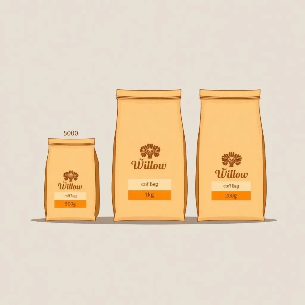 Flat vector illustration of the same coffee bag drawn in three sizes, captioned "1kg", "500g" and "250g", every size carrying the wordmark "The Willow Crest" in the same orange-and-brown coloring, only the bag size changing.
