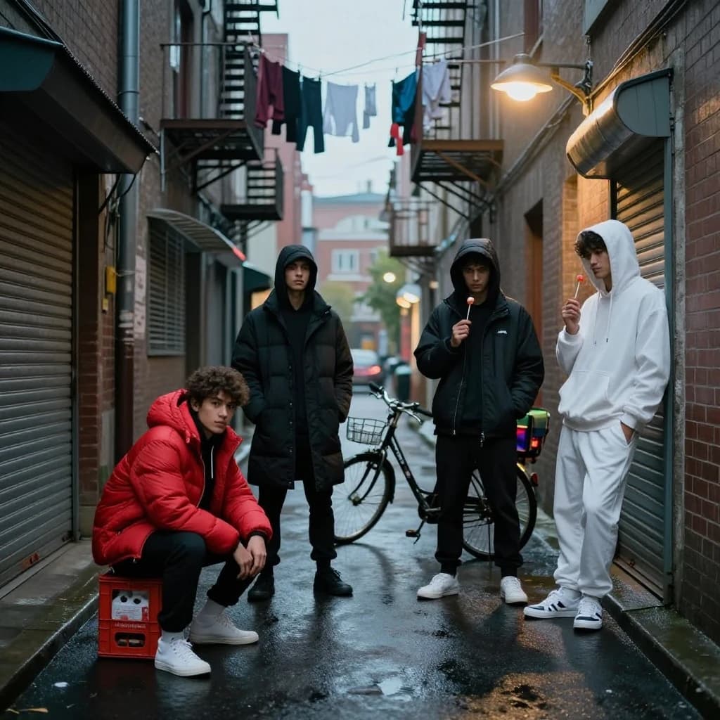 Cinematic photograph for a streetwear campaign, shot straight down a narrow rain-slick alleyway at dusk. Four models spread through the depth of the frame: the nearest crouches on a milk crate in a red puffer, two stand mid-alley in matching black coats, one leaning on a roll-up shutter and one holding a lollipop, and the farthest stands under the single working lamp in white. Three of the six fire escapes above carry laundry lines; the rest are bare. A delivery bike lies on its side between the two middle models. Blurred street traffic only at the far end.