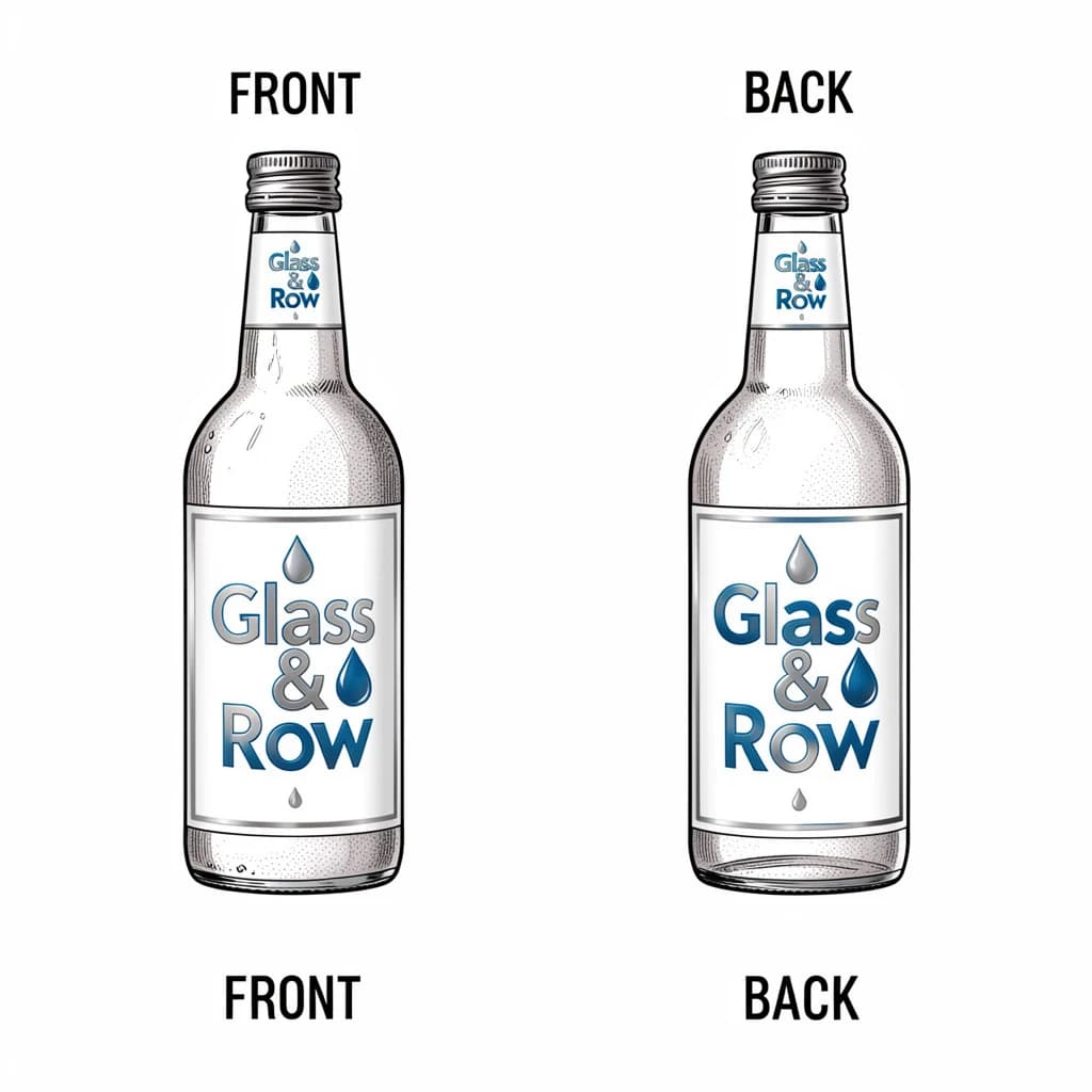 Printed poster of the same hot-sauce bottle drawn in two views, captioned "front" and "back", every view carrying the wordmark "Glass & Row" with a single droplet symbol beside it in the same blue-and-silver coloring, only the angle changing.
