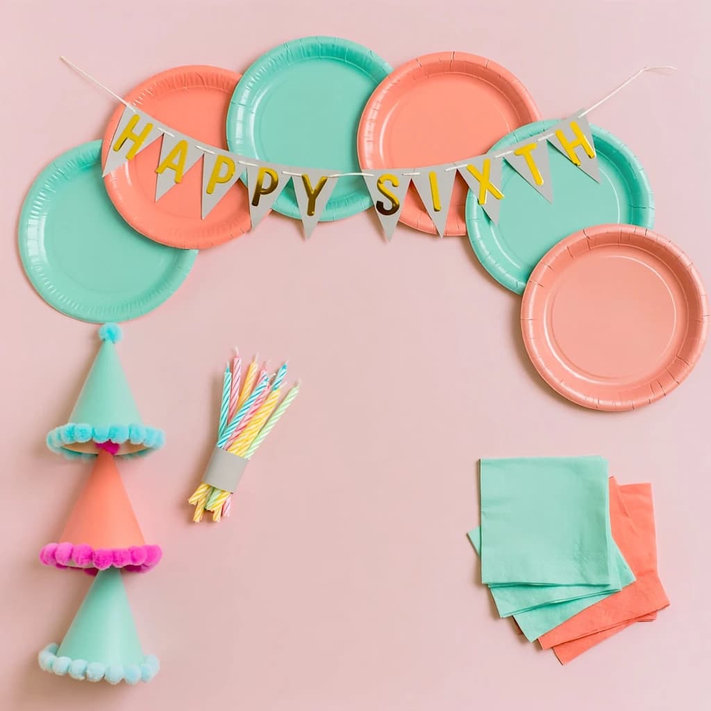 Flat lay photograph on pale pink paper, lit softly from above.
Eight paper plates fanned in an arc across the top of the frame, alternating mint and coral, four of each, mint first from the left.
Below the arc, twelve striped candles bundled under a paper band, laid diagonally.
Three cone party hats stacked at the lower left, only the middle hat trimmed with a pom pom.
At the lower right, six folded napkins in two piles of three, one pile mint and one coral.
A paper banner strung across the very top spells "HAPPY SIXTH" in gold letters, a few letters overlapping the plate arc.