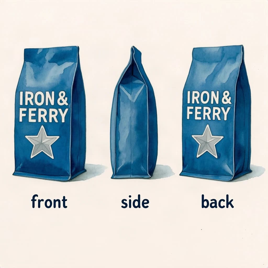 Watercolor of the same coffee bag drawn in three views, captioned "front", "side" and "back", every view carrying the wordmark "Iron & Ferry" with a five-point star outline beside it in the same blue-and-silver coloring, only the angle changing.