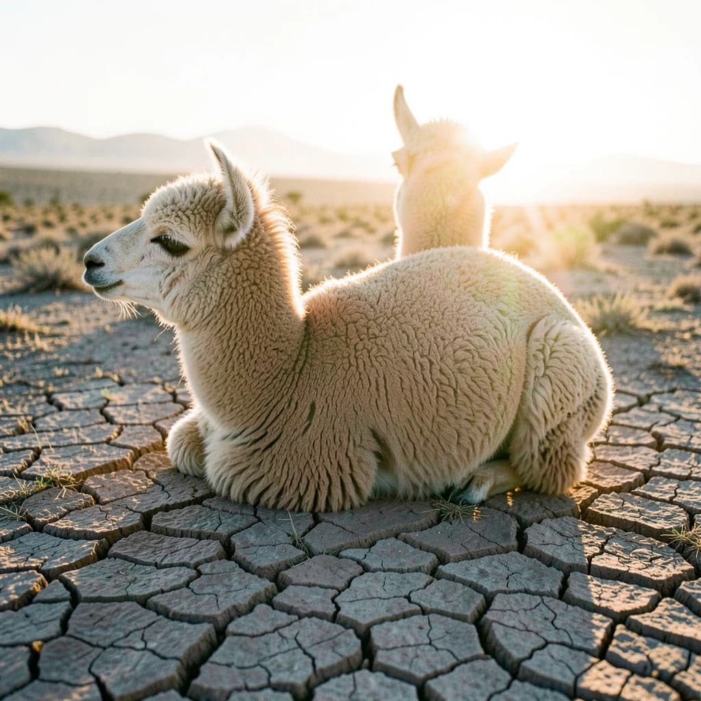 quiet alpaca on cracked earth, backlit