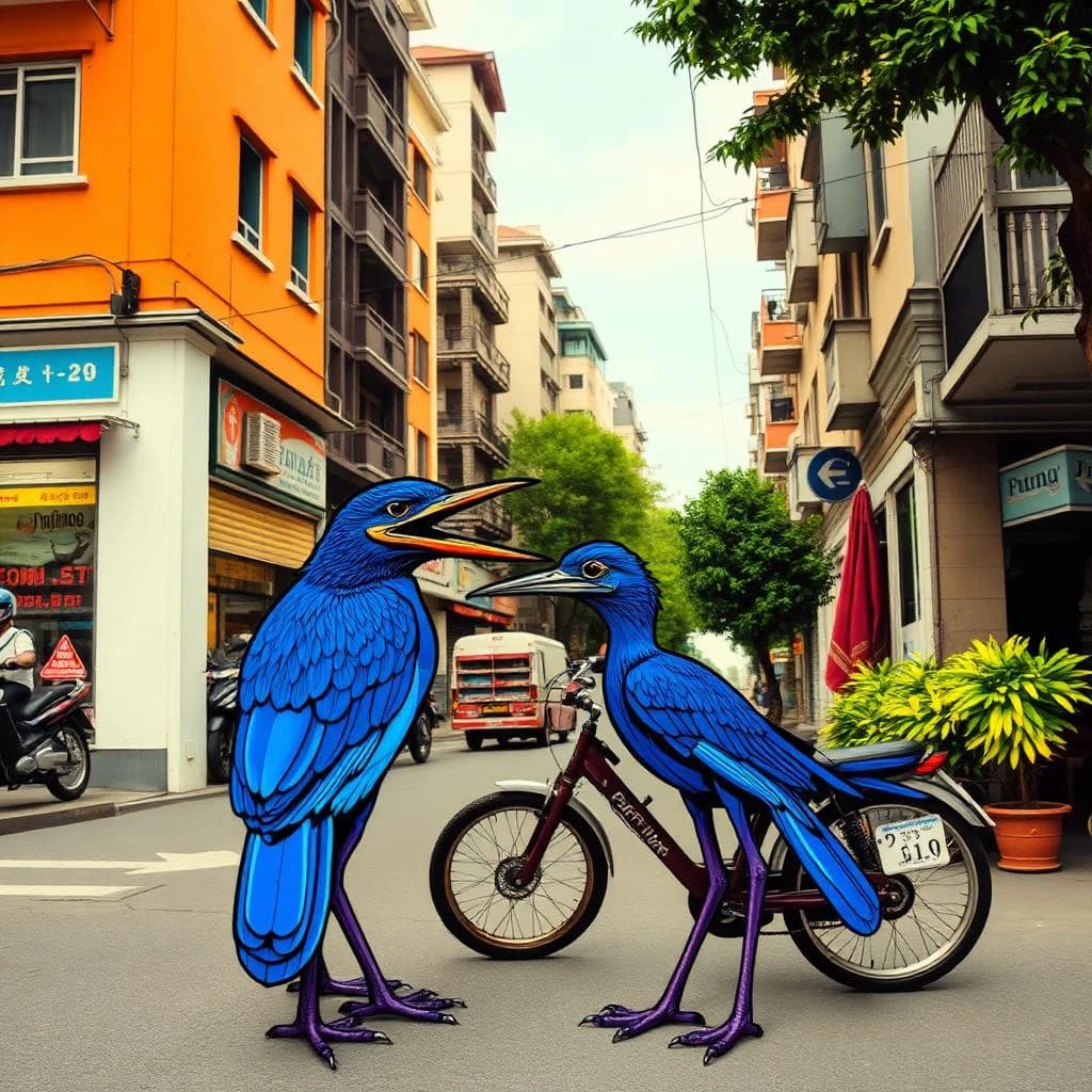 Crossopterygian and Blue Runner in Hanoi, Vietnam in the style of pop art