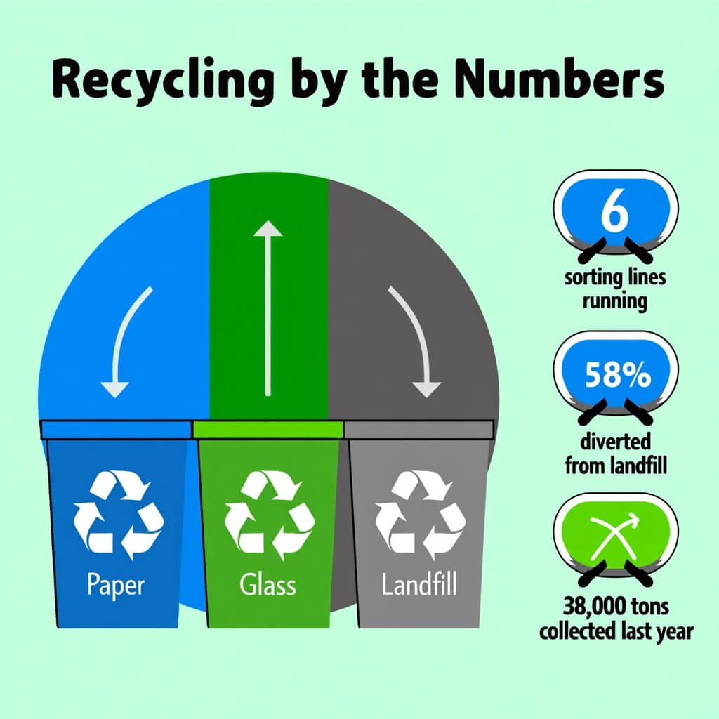 Flat vector illustration titled "Recycling by the Numbers": at the center three sorting bins with arrows to their destinations, carrying three keyed regions, "Paper" shaded blue, "Glass" shaded green and "Landfill" shaded gray, beside a right column of three stat chips reading "6 sorting lines running", "58% diverted from landfill" and "38,000 tons collected last year".