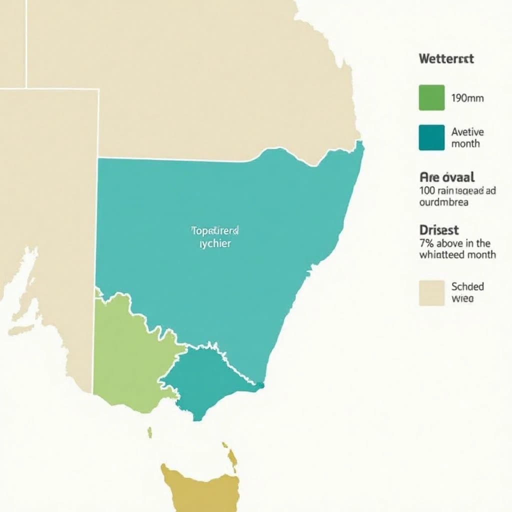 Printed poster titled "Inside the Rainfall". A simplified regional map with shaded bands sits at the center, carrying three keyed regions, "Wettest" shaded dark blue, "Average" shaded pale green and "Driest" shaded sand. Three stat chips run down a right column, reading "190mm in the wettest month", "100 rain days last year" and "7% above the ten-year mean". Each key color matches the shading of the region it names.