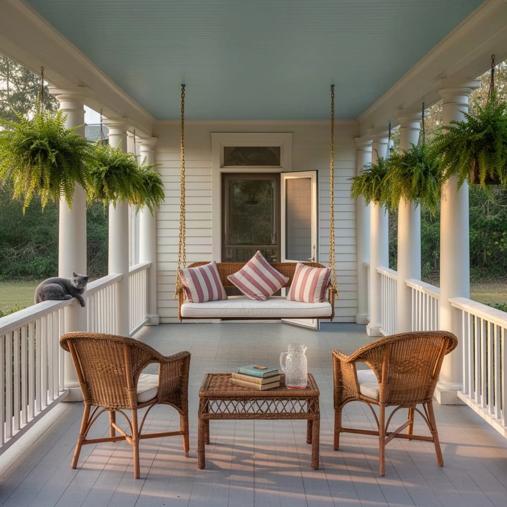 Real estate photograph of the wraparound porch on a restored Louisiana cottage, late afternoon. A cypress porch swing hangs on brass chains at the far end with three striped cushions on it, the middle cushion propped upright. Six turned columns run the length of the porch, ferns hanging between the first, third and fifth. Two wicker chairs face the swing across a low rattan table holding a stack of three books and a sweating glass pitcher. A grey cat sleeps on the rail nearest the steps, the screen door behind the swing standing half open. Low sun striping the painted floorboards, pale blue ceiling above.