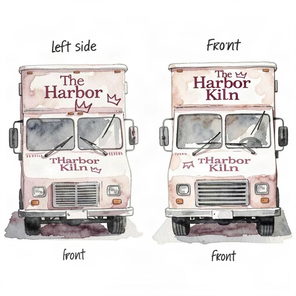 Watercolor of the same food truck drawn in two sides, captioned "left side" and "front", every side carrying the wordmark "The Harbor Kiln" with a simple crown outline beside it in the same maroon-and-gray coloring, only the side changing.