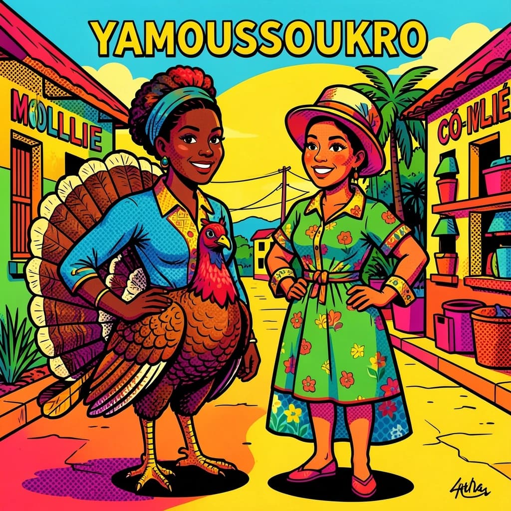 Turkey and Mollie in Yamoussoukro, Côte d'Ivoire in the style of pop art
