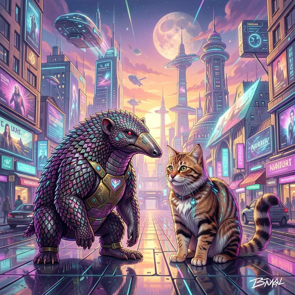 Scaly Anteater and Ringtail in Bucharest, Romania in the style of futurism