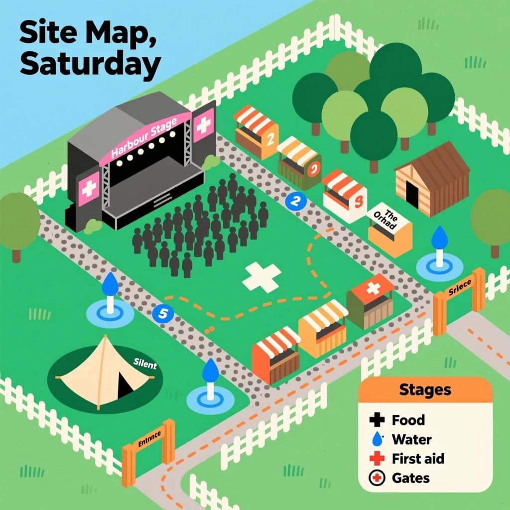 Festival site map in flat editorial infographic style, bird's eye, flat colour blocks on a sage green field inside a dotted perimeter fence.
Four stages: the main "Harbour Stage" along the north edge with a wide crowd shape in front of it, "Tin Shed" on the east, "The Orchard" on the west inside a cluster of round tree canopies, and a small circular "Silent Tent" at the south west corner with no crowd shape around it.
Two food streets run east to west between the stages, the northern one with nine numbered stalls and the southern one with six. Three water points marked by blue droplets sit one beside each of the first three stages. A single first aid cross sits where the two food streets meet the central path.
A gravel path loops the whole site as a dashed ochre line, with entrance gates on the south and east sides only.
A legend box in the lower right lists "Stages", "Food", "Water", "First aid" and "Gates", each with its own symbol. Title at the top left reads "Site Map, Saturday".