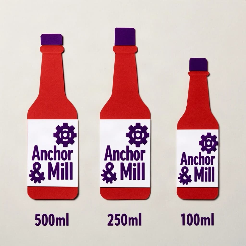 Cut-paper collage of the same hot-sauce bottle drawn in three sizes, captioned "500ml", "250ml" and "100ml", every size carrying the wordmark "Anchor & Mill" with a six-tooth gear mark beside it in the same purple-and-white coloring, only the bottle size changing.
