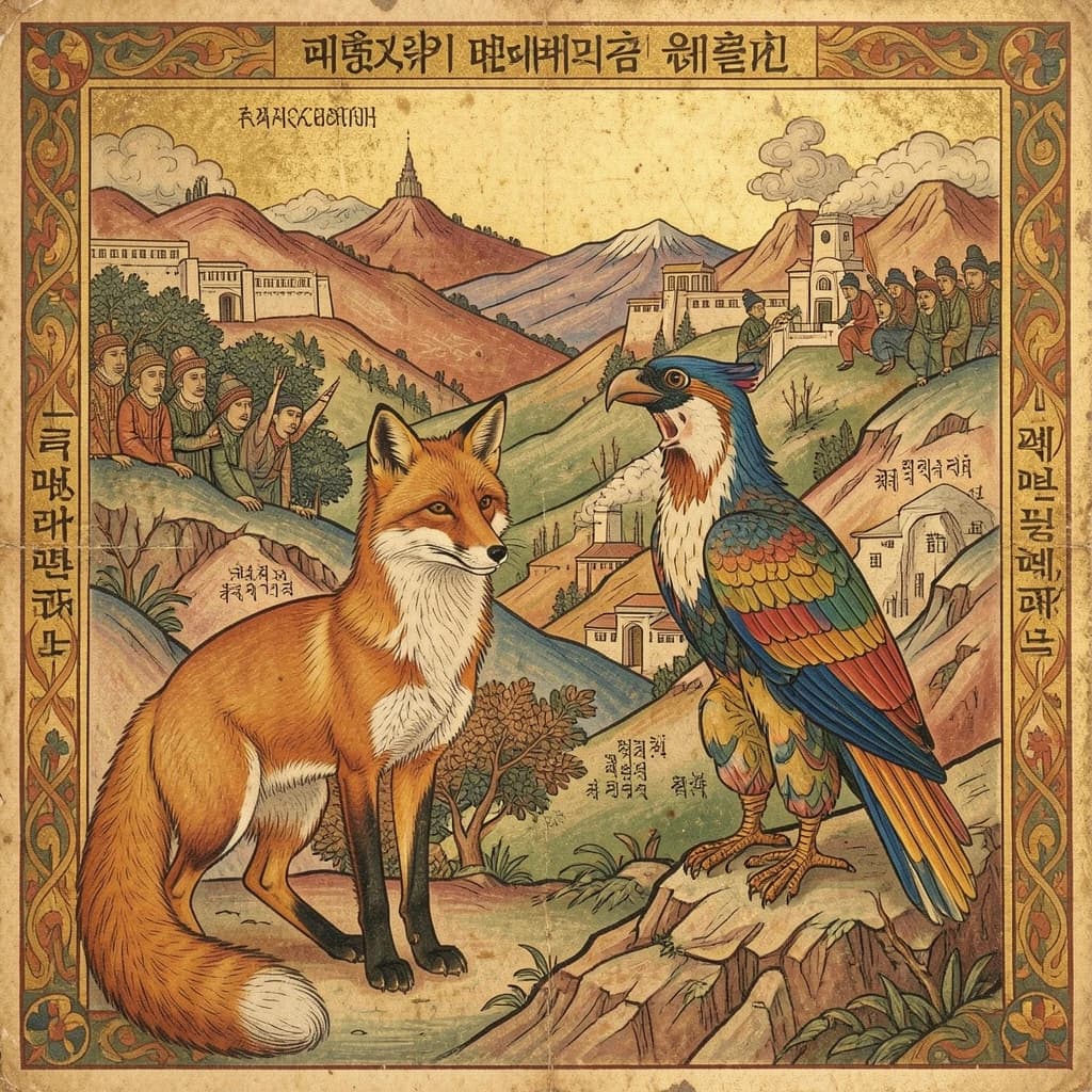 Fox and Turaco in Pyongyang, North Korea in the style of byzantine