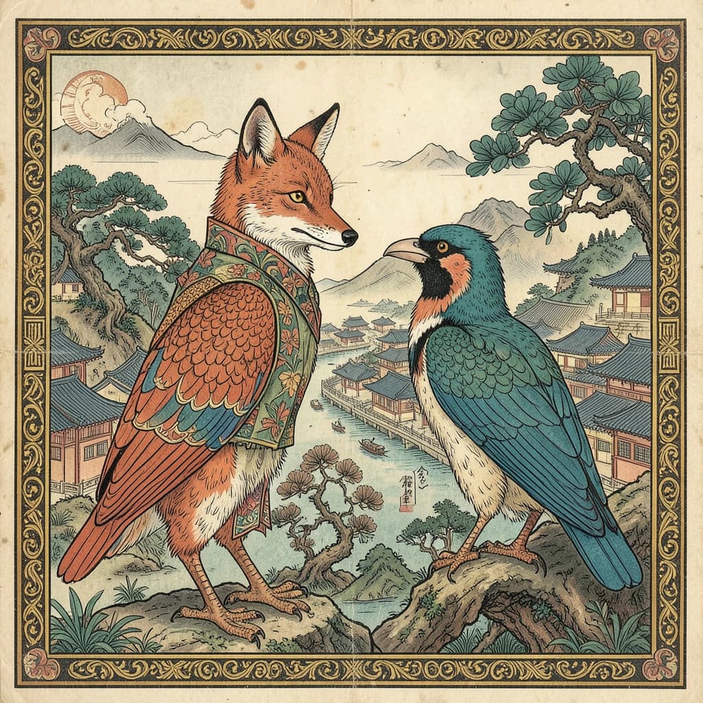 Fox and Turaco in Pyongyang, North Korea in the style of byzantine