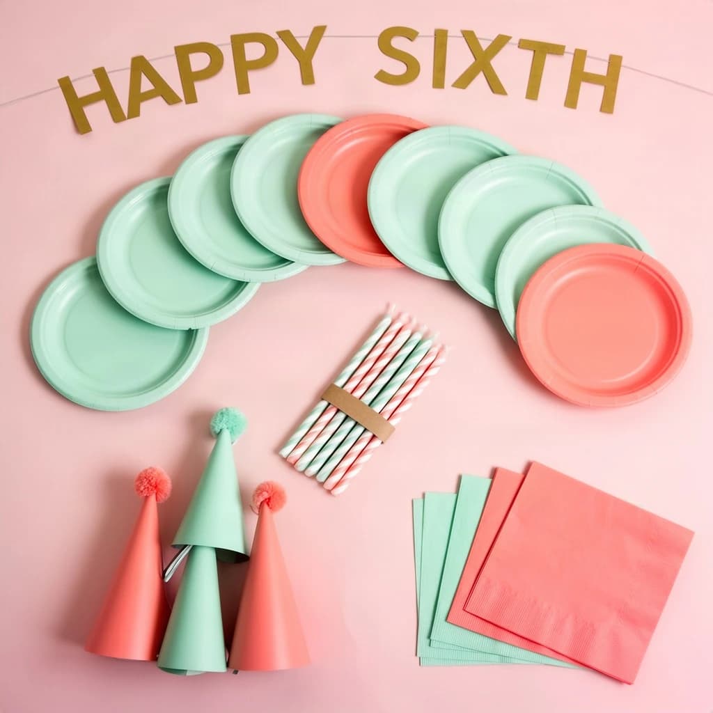 Flat lay photograph on pale pink paper, lit softly from above.
Eight paper plates fanned in an arc across the top of the frame, alternating mint and coral, four of each, mint first from the left.
Below the arc, twelve striped candles bundled under a paper band, laid diagonally.
Three cone party hats stacked at the lower left, only the middle hat trimmed with a pom pom.
At the lower right, six folded napkins in two piles of three, one pile mint and one coral.
A paper banner strung across the very top spells "HAPPY SIXTH" in gold letters, a few letters overlapping the plate arc.