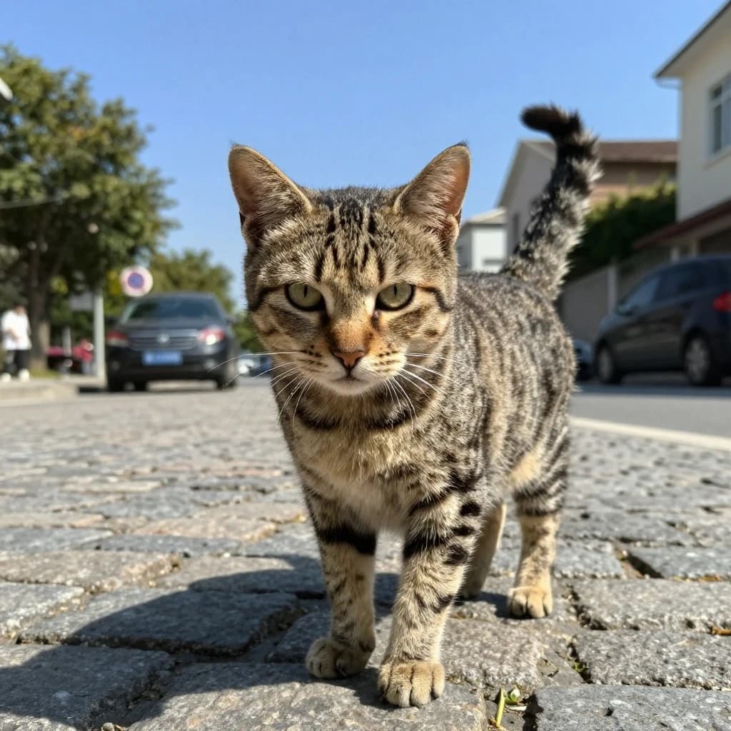 The instant a tabby cat gathers the color of the surrounding sky, on a cobblestone street, in bright midday sun.