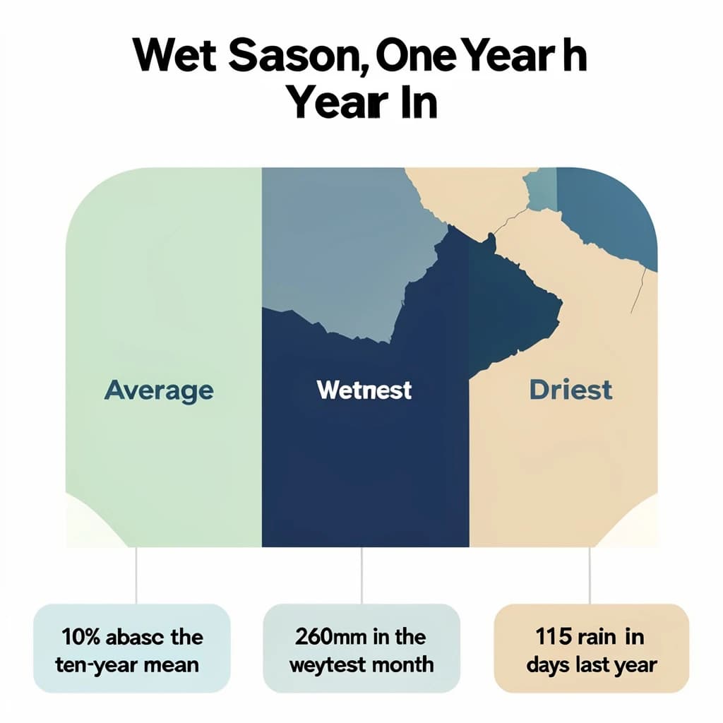 Flat vector illustration titled "Wet Season, One Year In". A twelve-month rainfall timeline sits at the center, carrying three keyed regions, "Average" shaded pale green, "Wettest" shaded dark blue and "Driest" shaded sand. Three stat chips run down a bottom row, reading "10% above the ten-year mean", "260mm in the wettest month" and "115 rain days last year". Each key color matches the shading of the region it names.