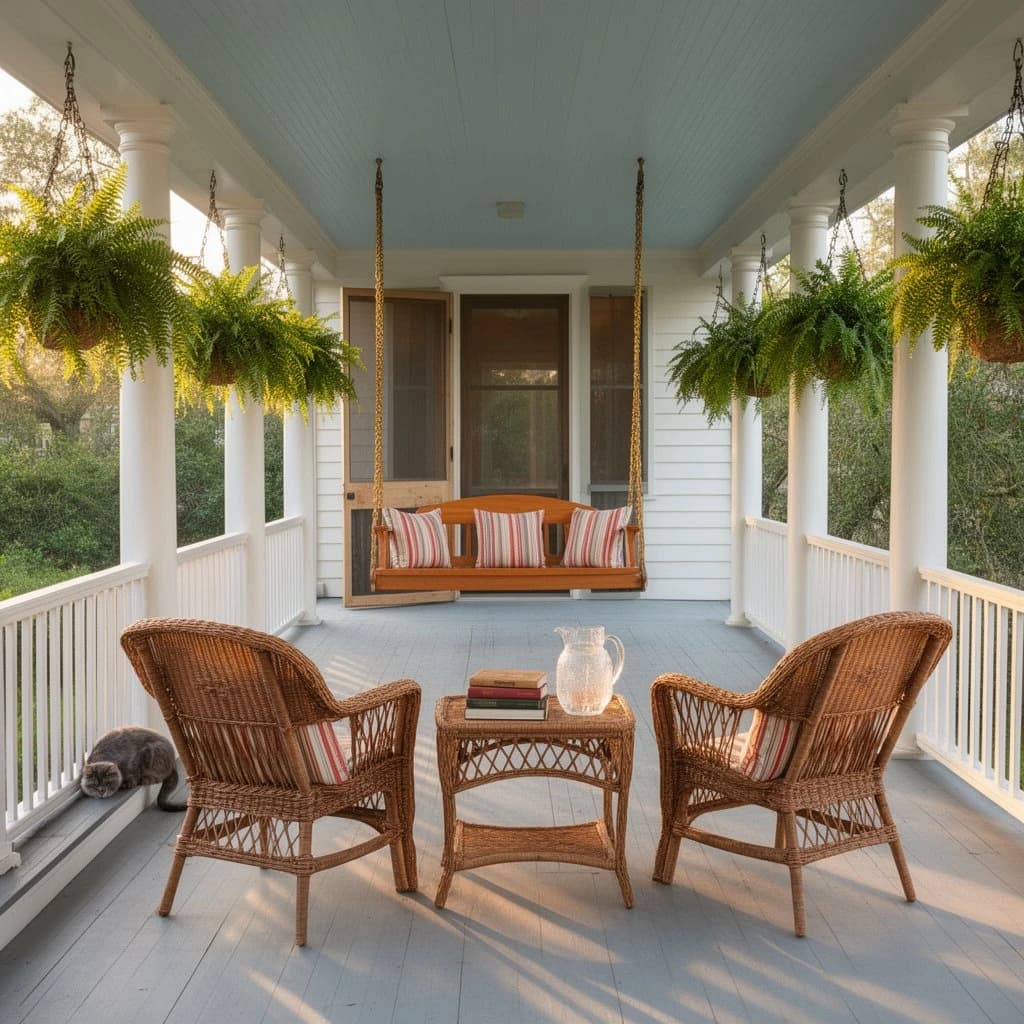 Real estate photograph of the wraparound porch on a restored Louisiana cottage, late afternoon. A cypress porch swing hangs on brass chains at the far end with three striped cushions on it, the middle cushion propped upright. Six turned columns run the length of the porch, ferns hanging between the first, third and fifth. Two wicker chairs face the swing across a low rattan table holding a stack of three books and a sweating glass pitcher. A grey cat sleeps on the rail nearest the steps, the screen door behind the swing standing half open. Low sun striping the painted floorboards, pale blue ceiling above.