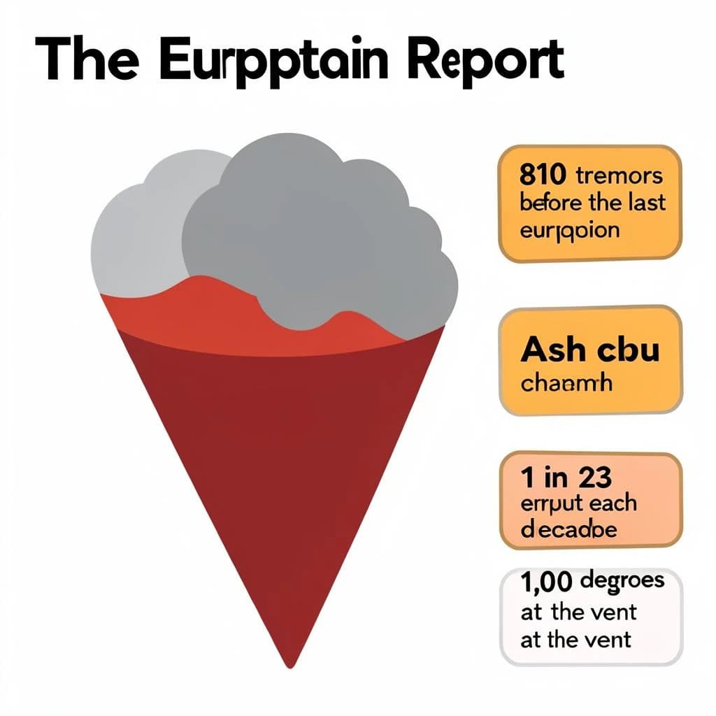 Flat vector illustration titled "The Eruption Report". A cutaway cone sits at the center, carrying three keyed regions, "Lava channel" shaded red, "Ash cloud" shaded gray and "Magma chamber" shaded orange. Three stat chips run down a right column, reading "810 tremors before the last eruption", "1 in 23 erupt each decade" and "1,000 degrees at the vent". Each key color matches the shading of the region it names.