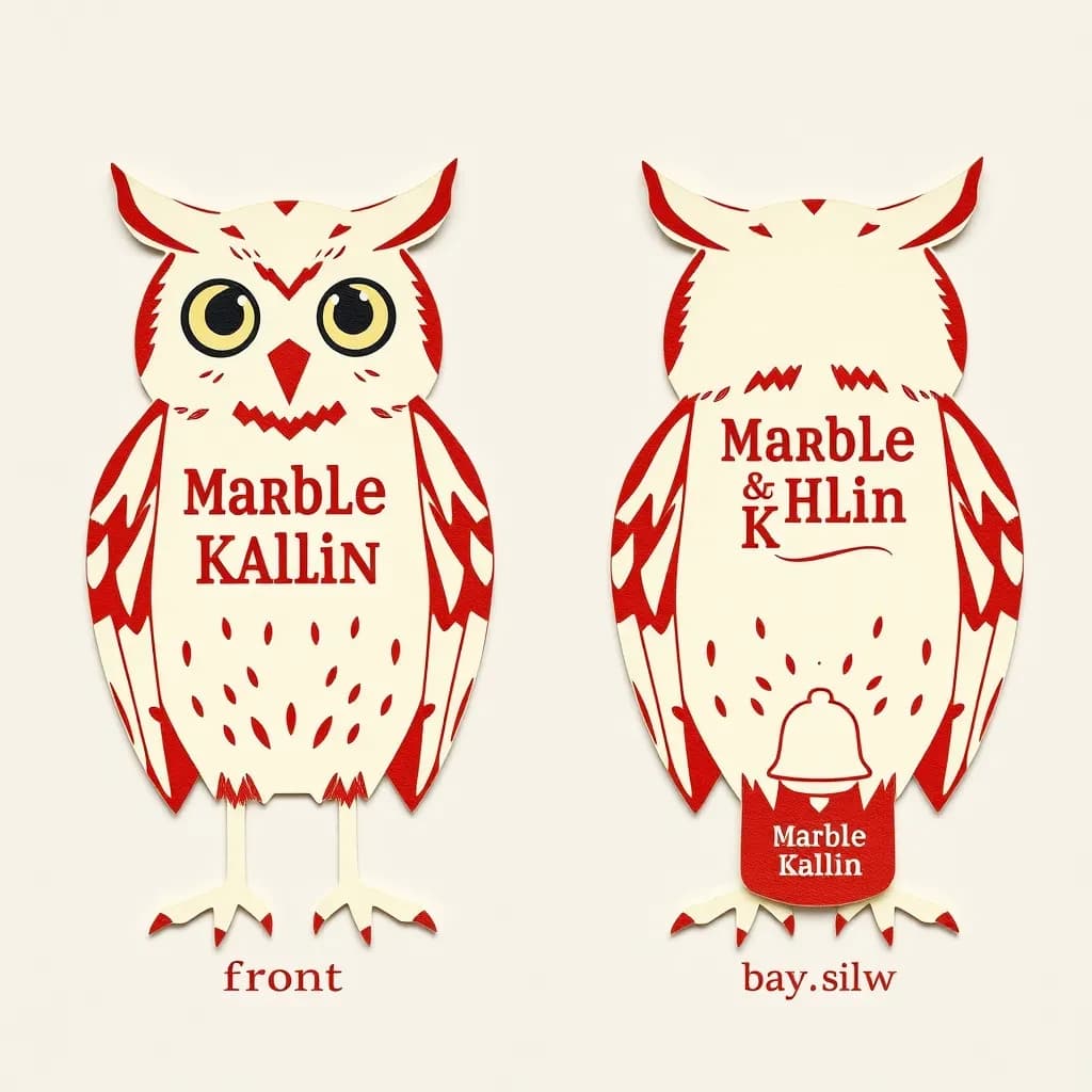 Cut-paper collage of the same bookstore owl mascot drawn in three views, captioned "front", "side" and "back", every view carrying the wordmark "Marble & Kiln" with a small bell outline beside it in the same red-and-cream coloring, only the angle changing.