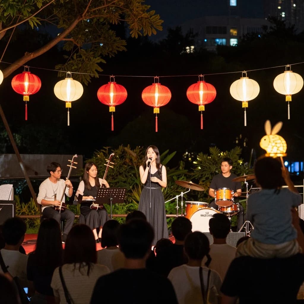 Concert photography, a Mid-Autumn Festival night in a Hong Kong park, shot from inside the crowd toward a low stage lit by warm floods. A singer at the centre microphone holds a note with both hands off the stand; on her left two erhu players sit side by side, on her right a single drummer stands. Eleven paper lanterns hang above the stage, the seven red ones strung in a line and the four white ones clustered at the right end. In the near foreground, out of focus, a child on a father's shoulders holds a rabbit lantern.