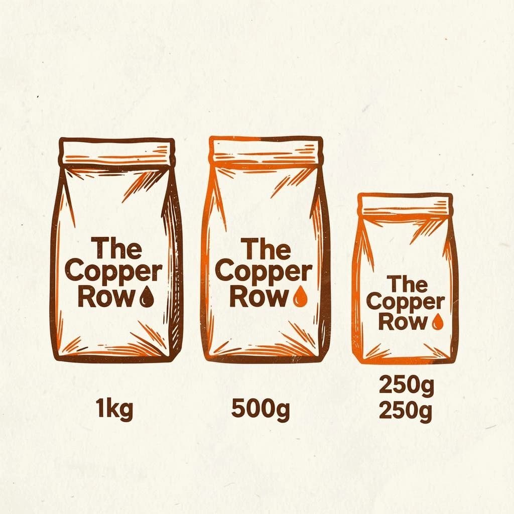 Linocut print: one coffee bag in three sizes. The sizes are captioned "1kg", "500g" and "250g" in that order. The wordmark "The Copper Row" appears on every size with a single droplet symbol beside it. The orange-and-brown coloring is the same across every size, and only the bag size changes.