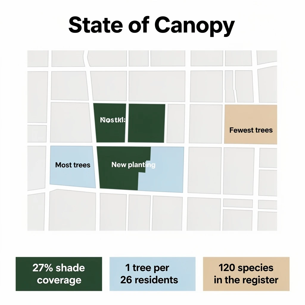 Flat infographic titled "State of Canopy". A simplified street map with shaded districts sits at the center, carrying three keyed regions, "Most trees" shaded dark green, "New planting" shaded light blue and "Fewest trees" shaded tan. Three stat chips run down a bottom row, reading "27% shade coverage", "1 tree per 26 residents" and "120 species in the register". Each key color matches the shading of the region it names.