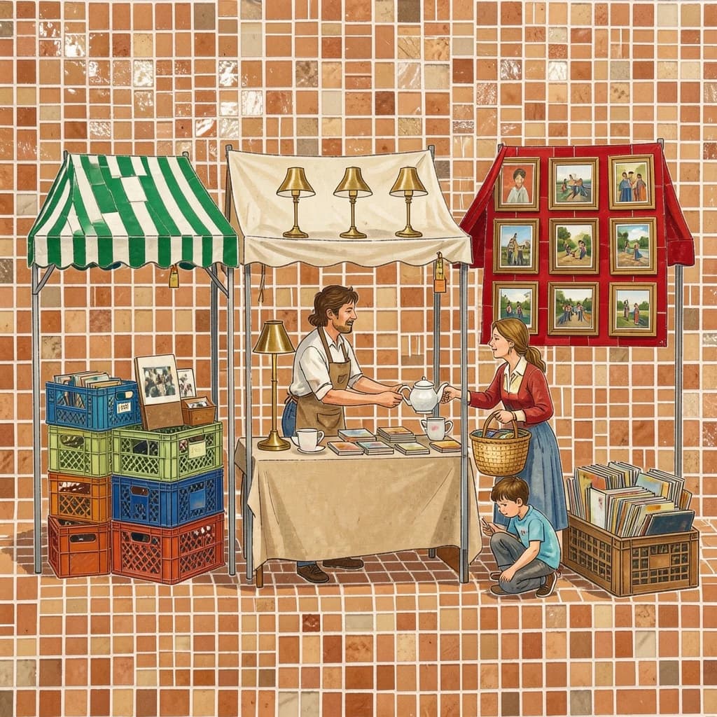 Glass tile mosaic of a Sunday flea market seen from a slightly raised angle, small square tesserae and warm terracotta grout. Three stall awnings in a row: the left one striped green and white over stacked vinyl crates, the middle plain canvas over six brass lamps with only the two tallest wearing shades, the right red awning hung with nine framed pictures in three rows of three. Under the middle awning a vendor in an apron hands a teapot across the table to a woman holding a straw basket, while a boy crouches at her feet by a crate of records. No lettering anywhere.