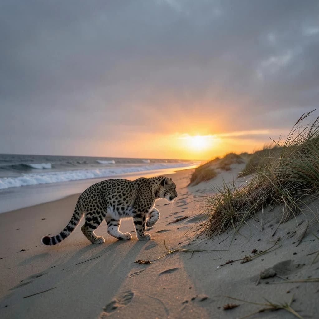 The pause when a snow leopard meets a low band of sun, on a windswept beach, under an overcast sky.