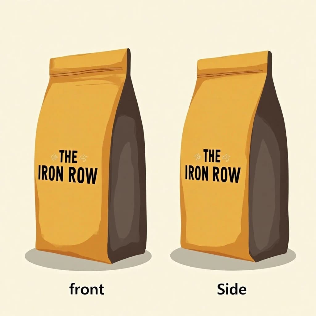 Flat vector illustration of the same coffee bag drawn in two views, captioned "front" and "side", every view carrying the wordmark "The Iron Row" in the same mustard-and-charcoal coloring, only the angle changing.