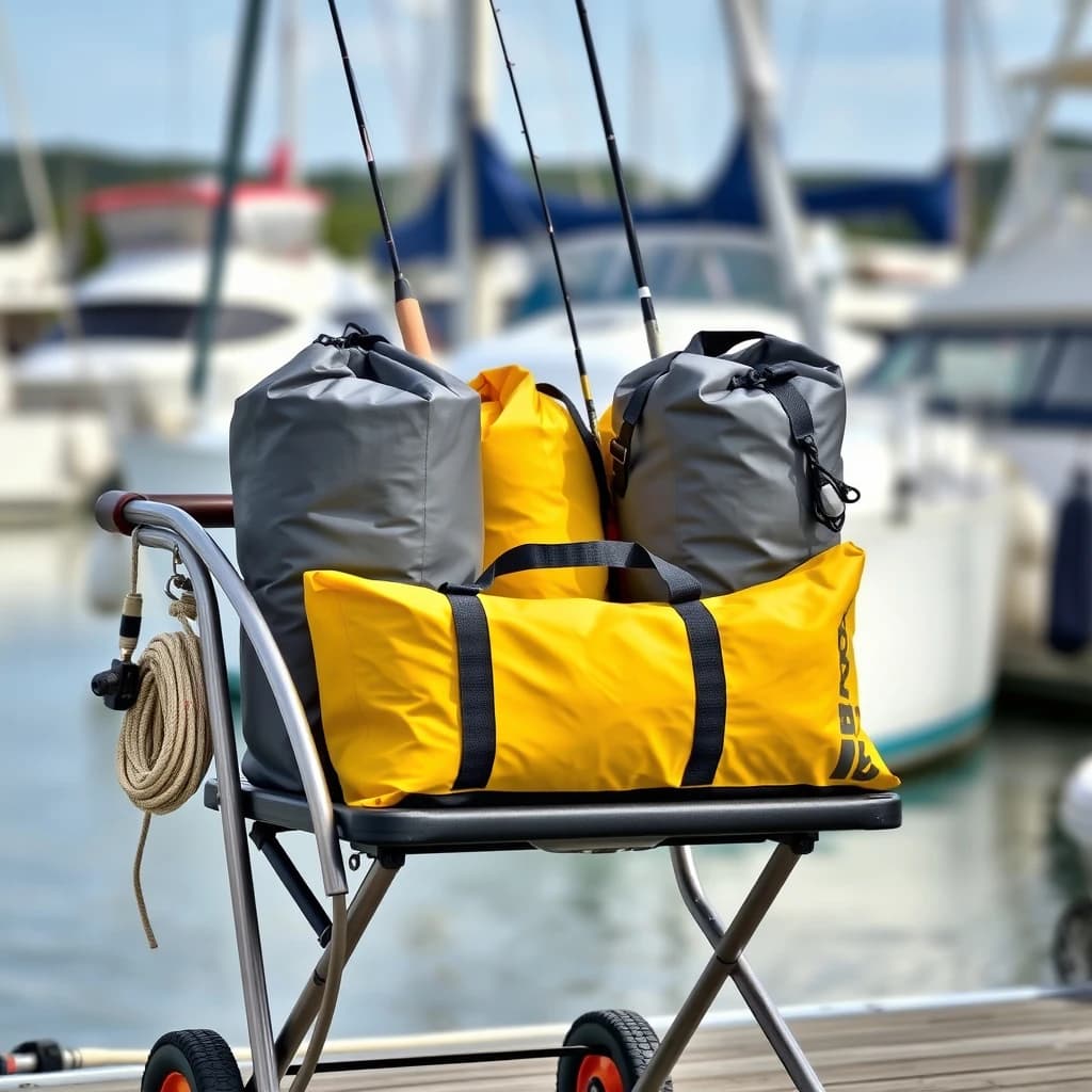 Lifestyle listing photo on a marina dock: a folding dock cart holding three dry bags, the largest yellow and the two smaller ones grey, two fishing rods leaning against the handle, and one coiled dock line hanging from the front rail. Masts blurred behind.