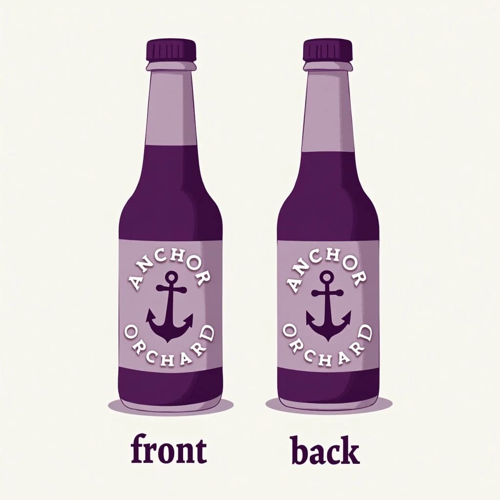 Printed poster: one hot-sauce bottle in two views. The views are captioned "front" and "back" in that order. The wordmark "Anchor Orchard" appears on every view. The purple-and-white coloring is the same across every view, and only the angle changes.