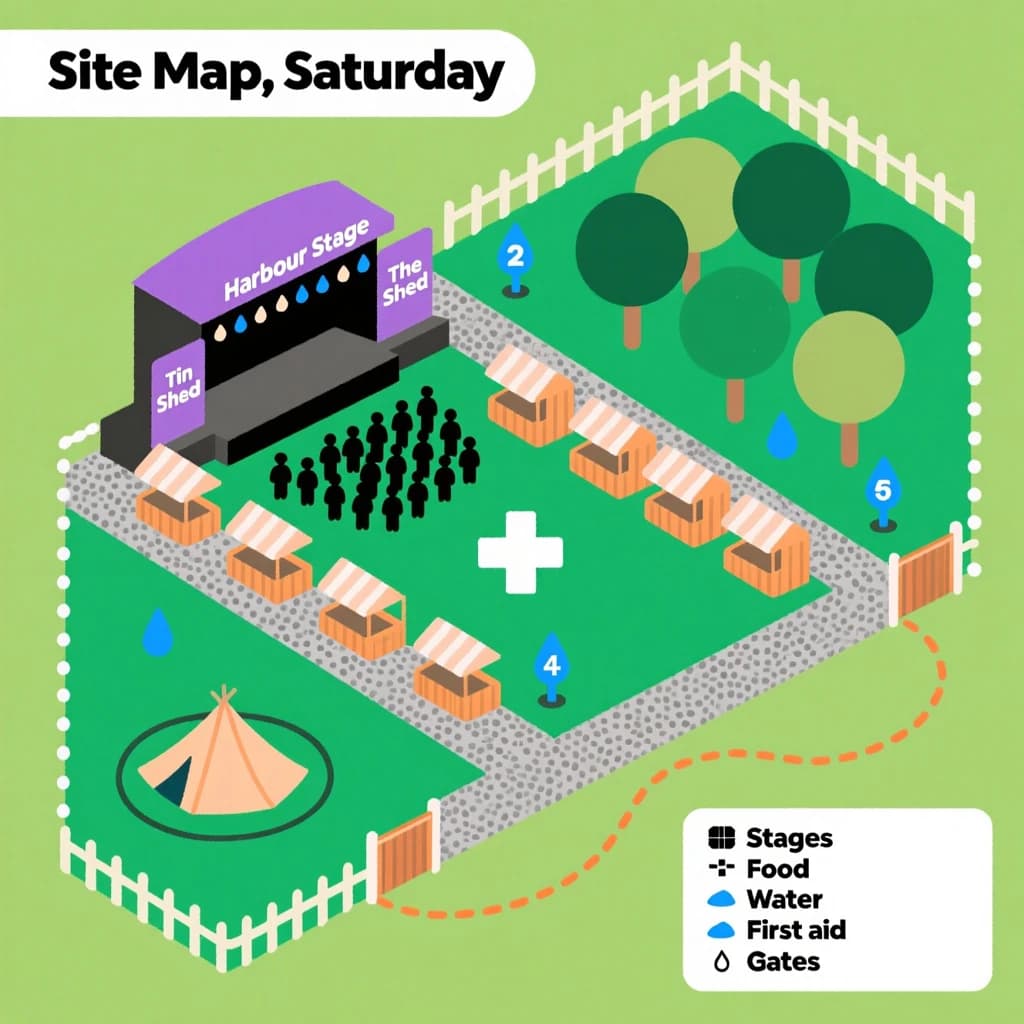 Festival site map in flat editorial infographic style, bird's eye, flat colour blocks on a sage green field inside a dotted perimeter fence.
Four stages: the main "Harbour Stage" along the north edge with a wide crowd shape in front of it, "Tin Shed" on the east, "The Orchard" on the west inside a cluster of round tree canopies, and a small circular "Silent Tent" at the south west corner with no crowd shape around it.
Two food streets run east to west between the stages, the northern one with nine numbered stalls and the southern one with six. Three water points marked by blue droplets sit one beside each of the first three stages. A single first aid cross sits where the two food streets meet the central path.
A gravel path loops the whole site as a dashed ochre line, with entrance gates on the south and east sides only.
A legend box in the lower right lists "Stages", "Food", "Water", "First aid" and "Gates", each with its own symbol. Title at the top left reads "Site Map, Saturday".