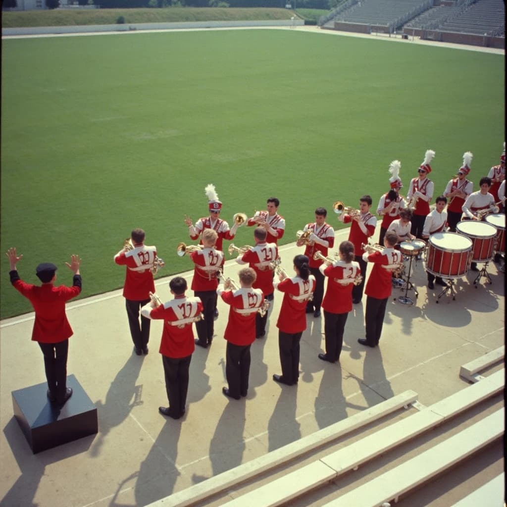 Nineteen seventies Kodachrome-era colour film look, faded warm grain and slight overexposure: a high school marching band seen from a stadium walkway. Front rank of five trumpet players in red and white uniforms, all with horns raised. Behind them three sousaphones in a triangle, the middle player caught mid turn. A line of four drummers to the right, the snare drummer nearest the camera mid stroke. A single drum major stands on a podium at the far left with his back to us, arms up. Empty green field behind them.