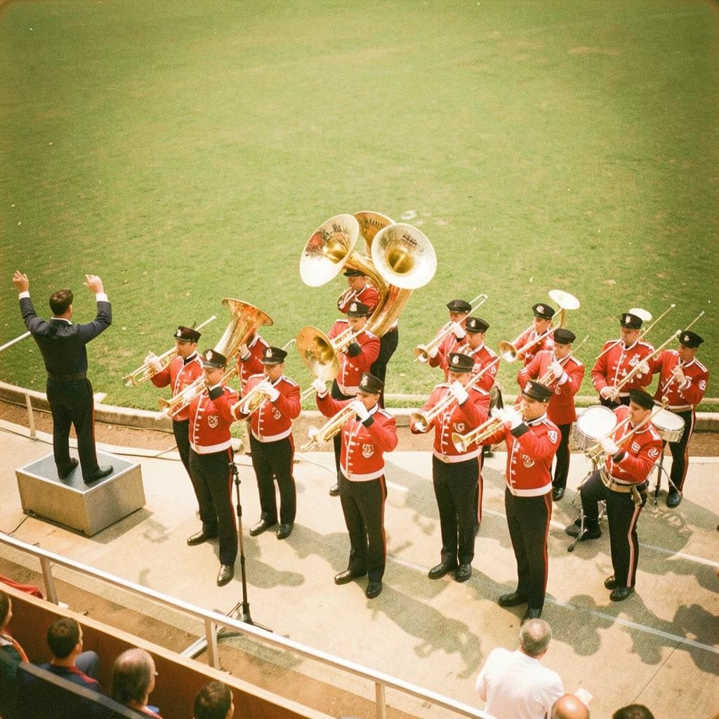 Nineteen seventies Kodachrome-era colour film look, faded warm grain and slight overexposure: a high school marching band seen from a stadium walkway. Front rank of five trumpet players in red and white uniforms, all with horns raised. Behind them three sousaphones in a triangle, the middle player caught mid turn. A line of four drummers to the right, the snare drummer nearest the camera mid stroke. A single drum major stands on a podium at the far left with his back to us, arms up. Empty green field behind them.