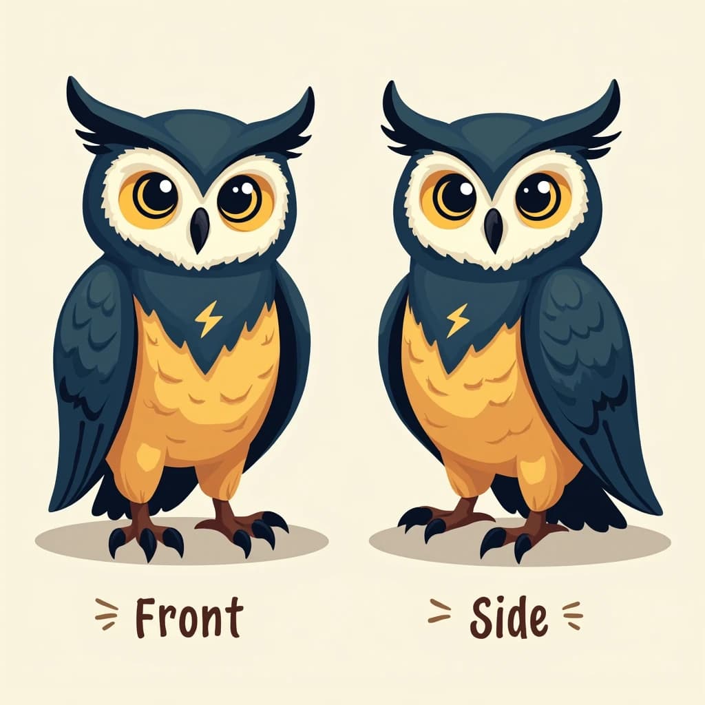 Flat vector illustration of the same bookstore owl mascot drawn in two views, captioned "front" and "side", every view carrying the wordmark "Harbor & Post" with a lightning-bolt symbol beside it in the same navy-and-gold coloring, only the angle changing.