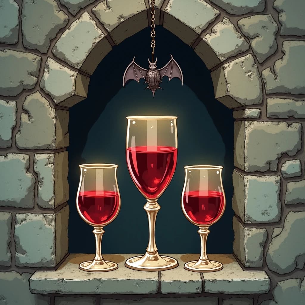 Gothic key-item illustration for a vampire card game: a stone niche with a pointed arch, three goblets on the ledge, the tall center one brimming with red wine, the two squat ones either side bone dry, and a bat hanging from the arch directly above the full goblet.