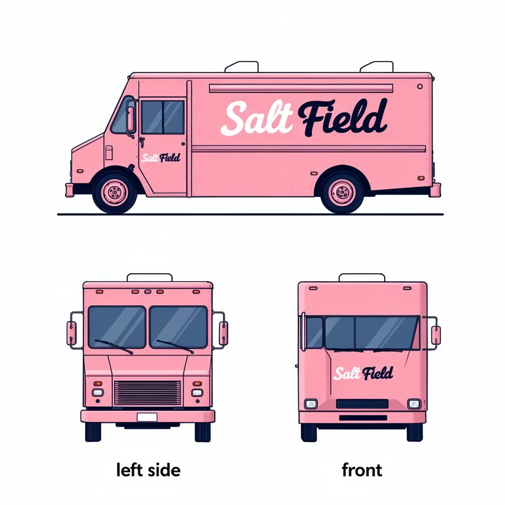 Flat vector illustration of the same food truck drawn in two sides, captioned "left side" and "front", every side carrying the wordmark "Salt Field" in the same pink-and-navy coloring, only the side changing.