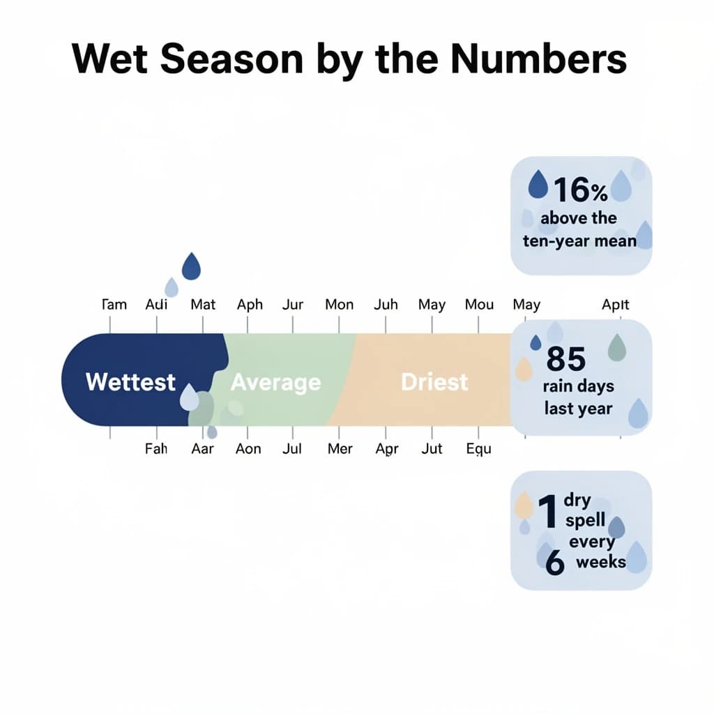 Flat vector illustration titled "Wet Season by the Numbers". A twelve-month rainfall timeline sits at the center, carrying three keyed regions, "Wettest" shaded dark blue, "Average" shaded pale green and "Driest" shaded sand. Three stat chips run down a right column, reading "16% above the ten-year mean", "85 rain days last year" and "1 dry spell every 6 weeks". Each key color matches the shading of the region it names.