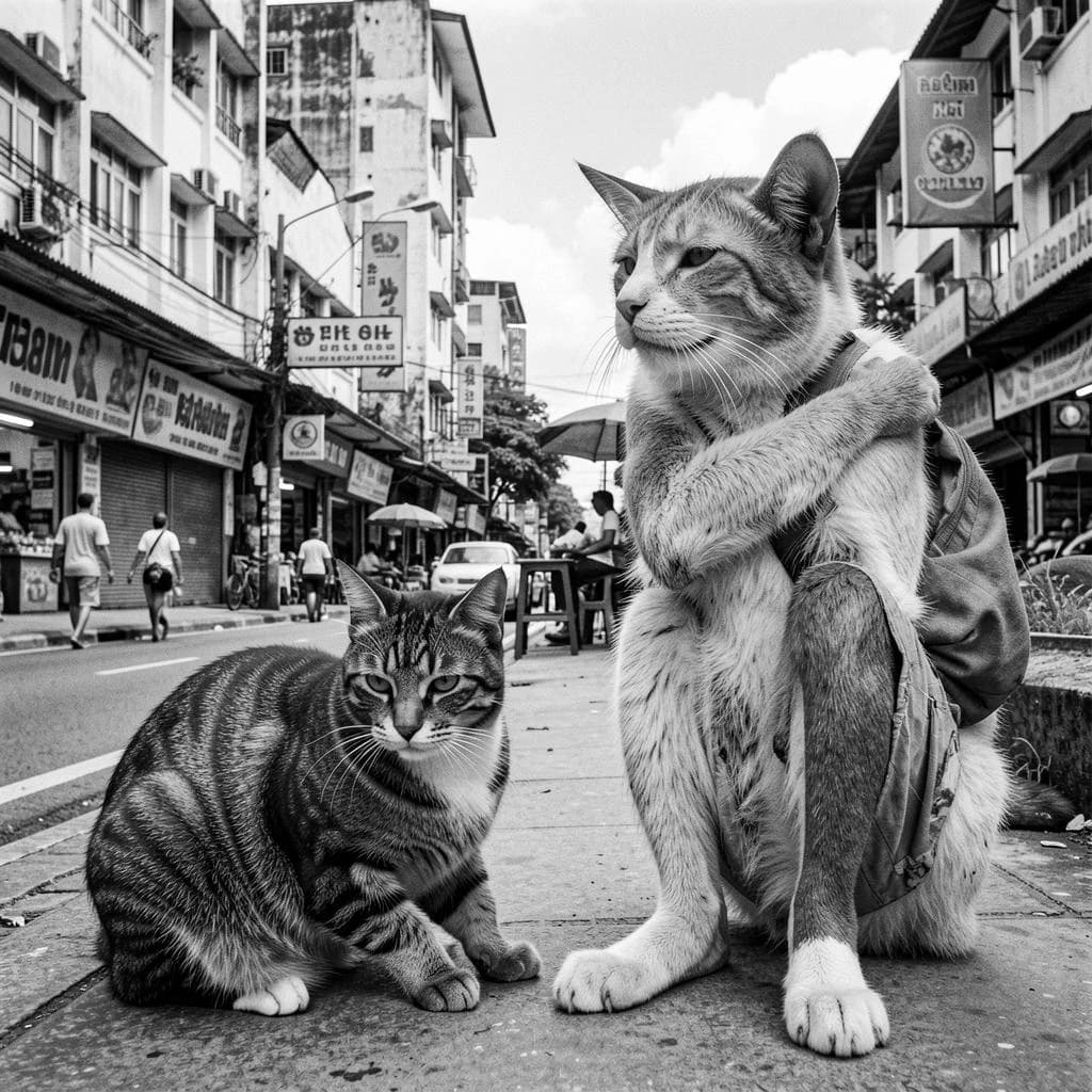 Channel Cat and Megathere in Manila, Philippines in the style of black and white