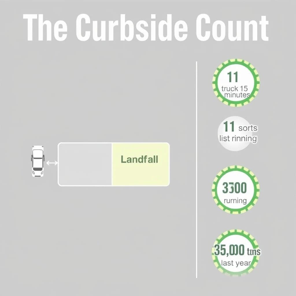 Printed poster titled "The Curbside Count": at the center a flow chart from curb to sorting floor, carrying two keyed regions, "Glass" shaded green and "Landfill" shaded gray, beside a right column of three stat chips reading "1 truck every 15 minutes", "11 sorting lines running" and "35,000 tons collected last year".
