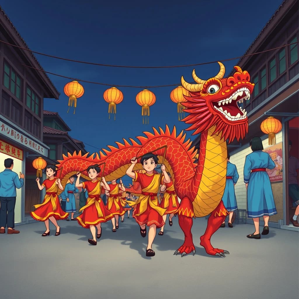 Video thumbnail in 90s anime style, hand painted cel look with visible grain: a red and gold dragon dance winding down a night market street toward the camera. Nine dancers hold the poles, the front three in yellow sashes and the back six in blue. The second dancer from the front has lost a shoe and is stumbling while the pearl bearer ahead of him spins his pole overhead. Five paper lanterns hang on a wire across the street, only the middle one unlit. Keep the sky in the upper left flat and dark for a title.