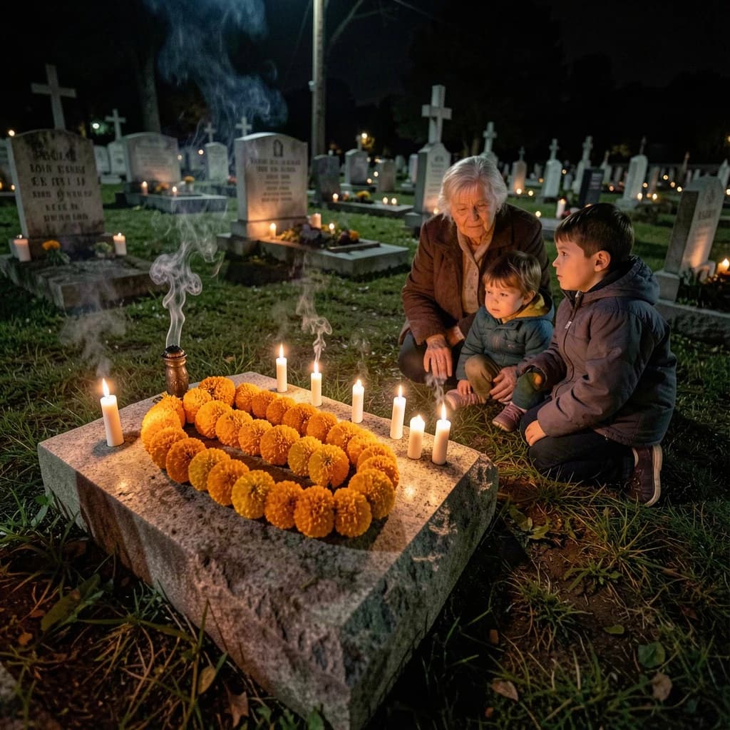 Photojournalism frame from a cemetery vigil at night: one grave slab carrying seven marigold garlands and nine lit candles, three of the candles guttered out and smoking, a grandmother and two children kneeling along the near edge.