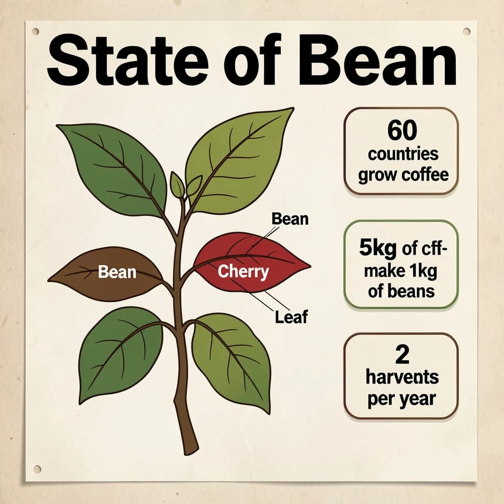 Printed poster titled "State of Bean": at the center a labeled coffee-plant diagram, carrying three keyed regions, "Bean" shaded brown, "Cherry" shaded red and "Leaf" shaded green, beside a right column of three stat chips reading "60 countries grow coffee", "5kg of cherries make 1kg of beans" and "2 harvests per year".