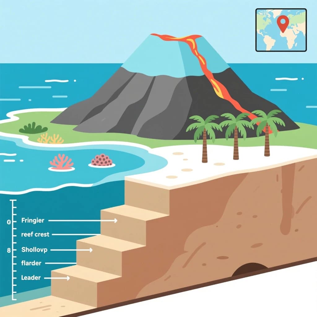 Cross section of a volcanic tropical island as a flat academic figure with clean colour blocks and a horizontal sea level line. Reading from the ocean on the left toward the right: a fringing reef crest, a shallow lagoon holding three coral heads, a white sand beach, a coconut palm belt of five trees, then a rising basalt cone with two lava layers picked out in darker grey, and a freshwater lens drawn as a pale blue dome under the middle of the island. Below sea level the flanks drop in three stepped terraces to a flat deep floor. Eight leader line labels, a depth scale down the left edge, and a small locator inset in the top right.